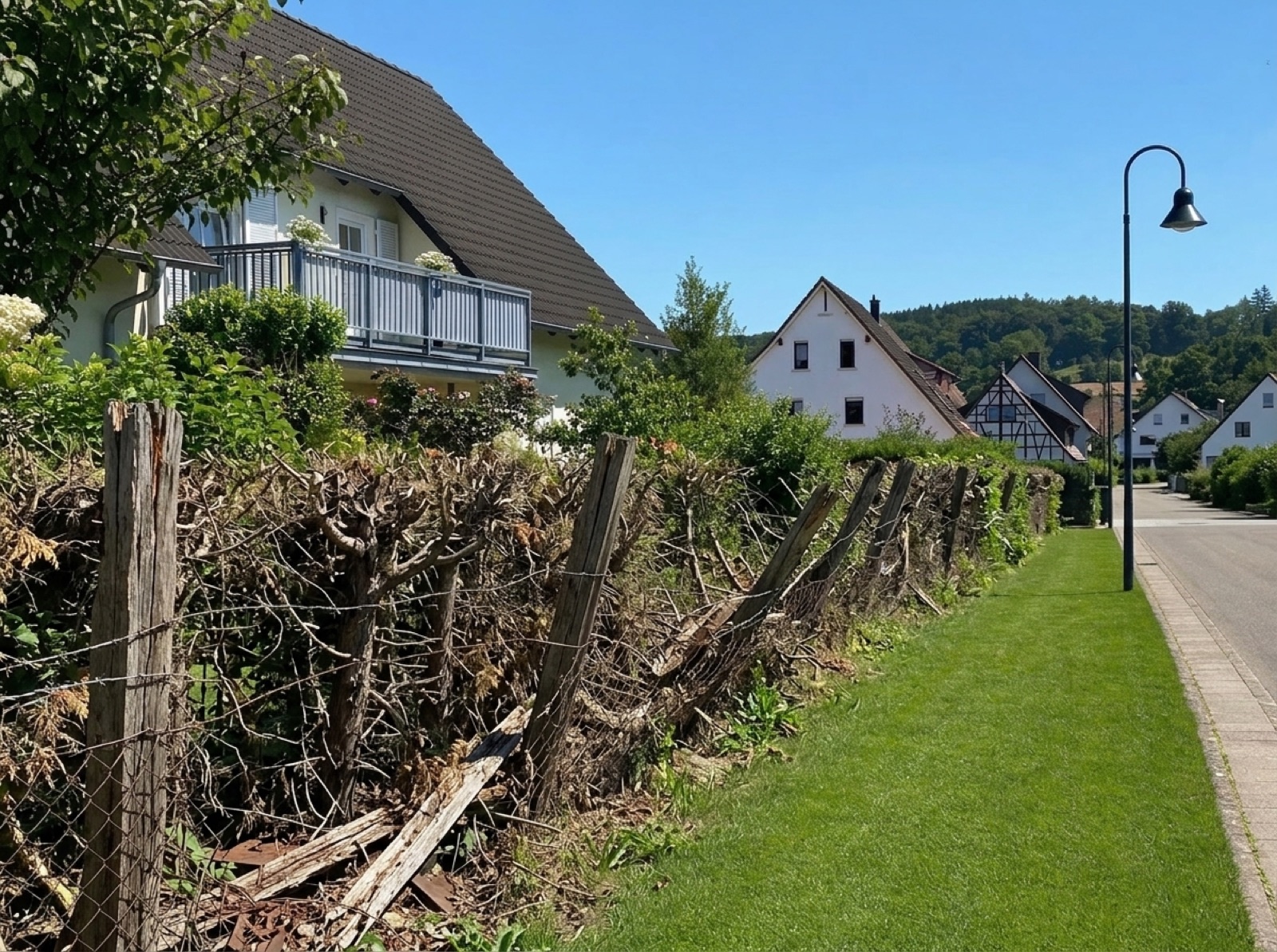 Halb zerfallene alte Hecke vor der Montage